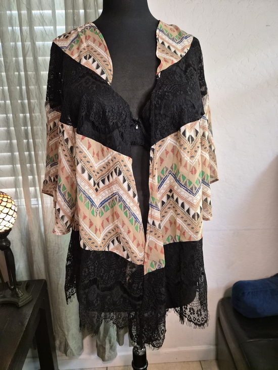 Ryu Tops - Ryu Black Lace & Multicolor Aztec Print Kimono #0258